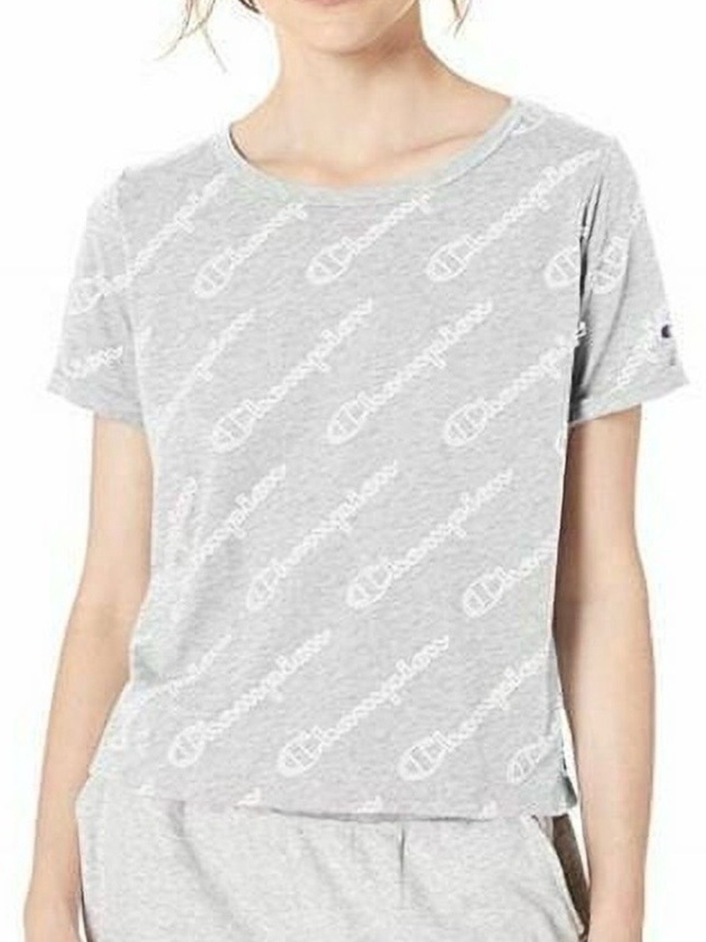 Champion Women’s Gray Logo Print Cotton Tee Small Casual Athletic Top